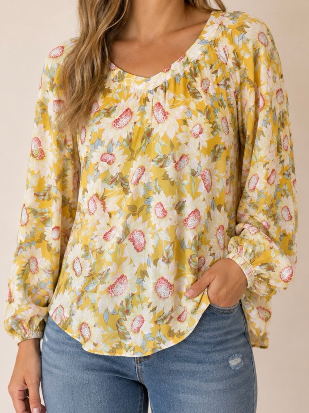 LC Lauren Conrad | Yellow Floral V-Neck Peasant Blouse | Size L | Like New